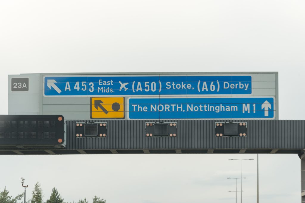 Road sign, A50, A6, M1